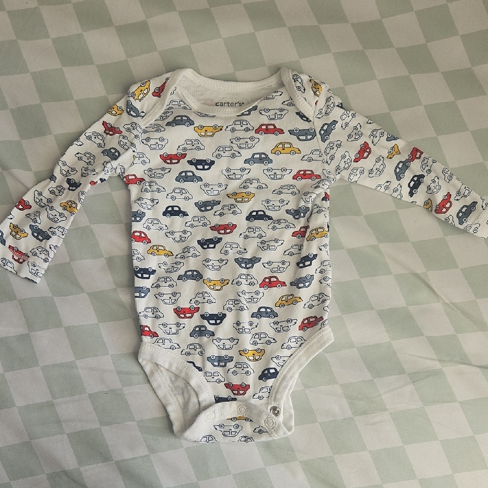 Carter's White Long-Sleeve Baby One-Piece with Red, Blue & Yellow Car Print